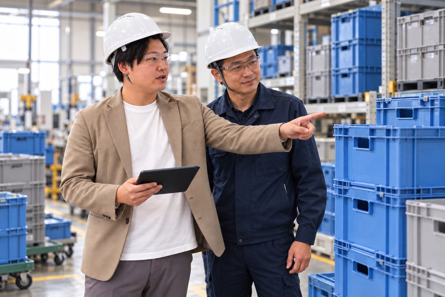 工場で通い箱を指差し、タブレットを持ちながら担当者と在庫を確認する本間翔太